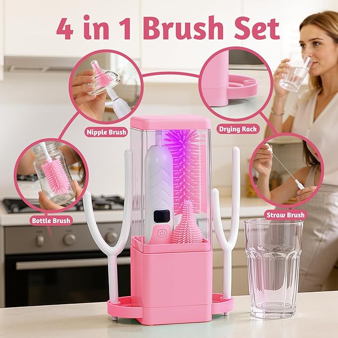 Electric Bottle Brush Cleaner with Drying Rack & LED Display, Rechargeable Baby Bottle Cleaning Kit, 360° Automatic Bottle Washer for Travel & Home, Silicone Spin Brush Set for New Parents, Pink