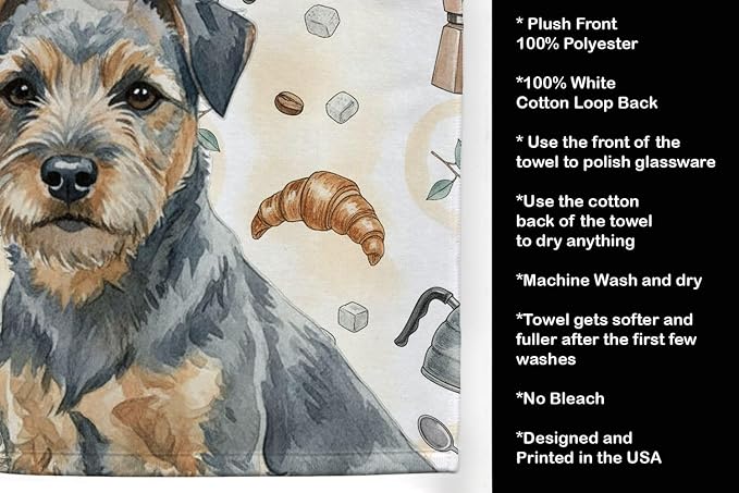 Caroline's Treasures Blue and Tan Border Terrier Coffee Bar Kitchen Towel Velour Plush Front and Cotton Loop Back Machine Washable