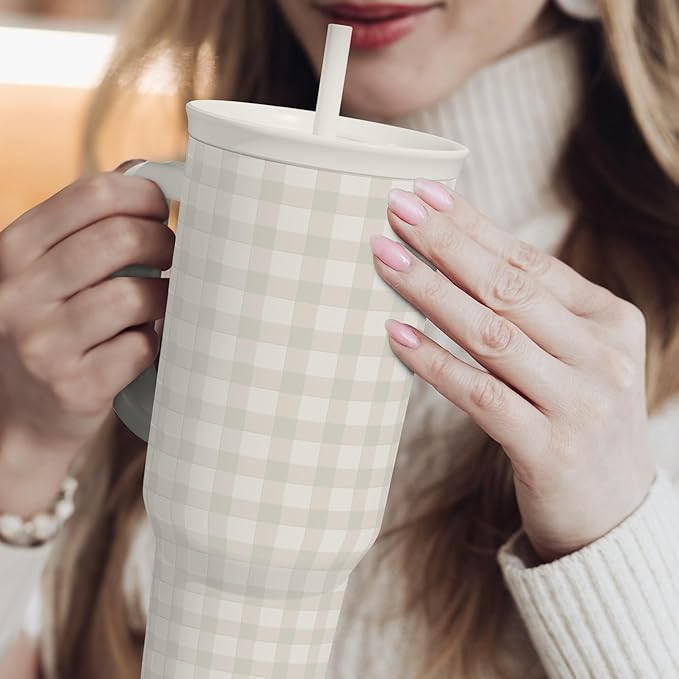 SANDJEST Grey Gingham 40oz Slider Tumbler with Handle and Straw - Insulated Stainless Steel Travel Coffee Mug for Women Girls, Gift for Birthday, Christmas