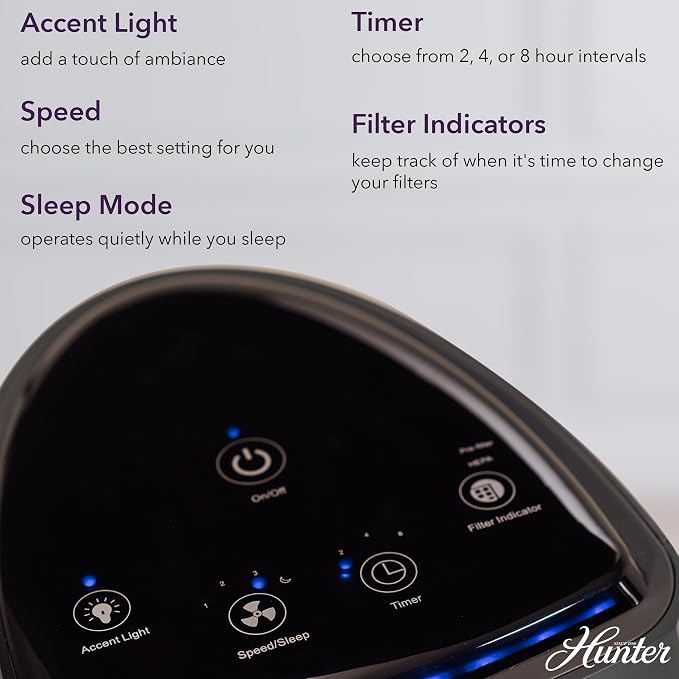 Hunter Air Purifiers for Home Large Room and Bedroom. True HEPA Air Purifier Tower for Pets, Odors, Allergens, Smoke, Dust, VOC's. Cleans 969 Ft² per Hour, 3 Fan Speeds, Sleep Timer. Graphite