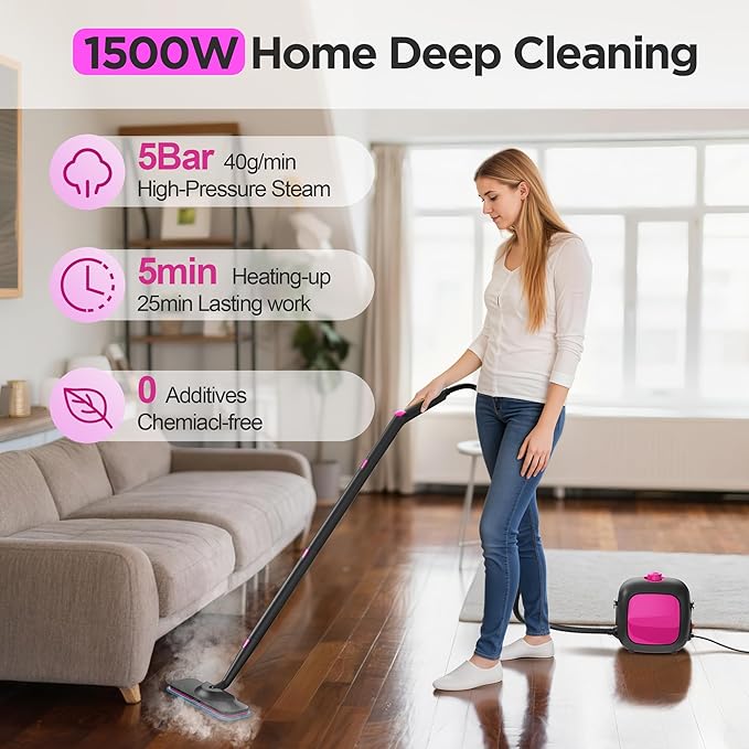 All-in-1 Steam Cleaner with 25 PSI High-Pressure Boiler, 21-Piece Accessory Kit, Portable Handheld & Floor Steamer for Tiles, Grout, Furniture and Car, Chemical-Free Deep Cleaning,3 Colors Selection
