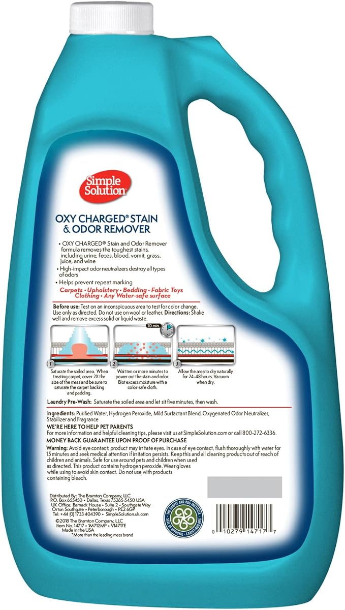 Simple Solution Oxy Charged Pet Stain and Odor Remover, Pet Cleaner, Carpet Stain Remover, 3X Oxy Power, Carpet Spray, Eliminates Dog Urine, Waste & Vomit Odors, 1 Gallon