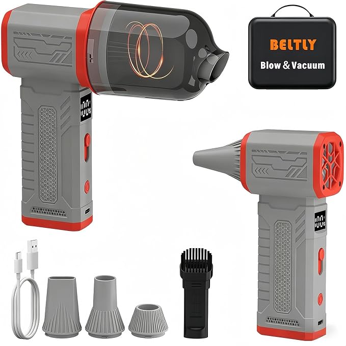 Compressed Air Duster, 130K RPM Powerful Cordless Mini Blower with Display, 10-Gear Adjustable Car Vacuum with Fast Charging, Rechargeable Handheld Vacuum for Home, Outdoor and Car (Gray, 2-in-1)