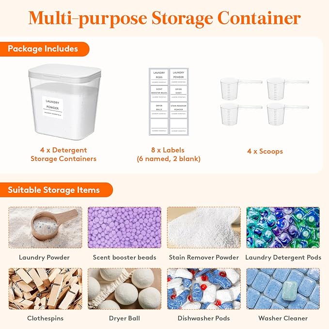 Lifewit 4 Pack Laundry Pods container with Labels and Measuring Scoops, Laundry Room Organization and Storage for Booster Beads with Labels and Measuring Scoops