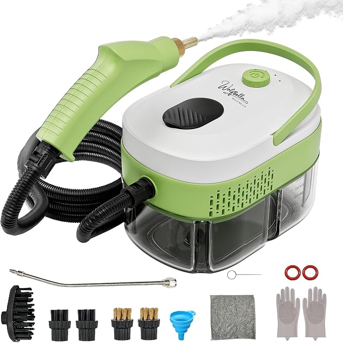 Steam Cleaner, 15s Heat-Up,1.4L Tank,Steamer for Cleaning with 14-Piece Accessories, 3 Steam Levels, chemical-free Cleaning Tile, Grout, Dirt, Grease & Car (white＆green)
