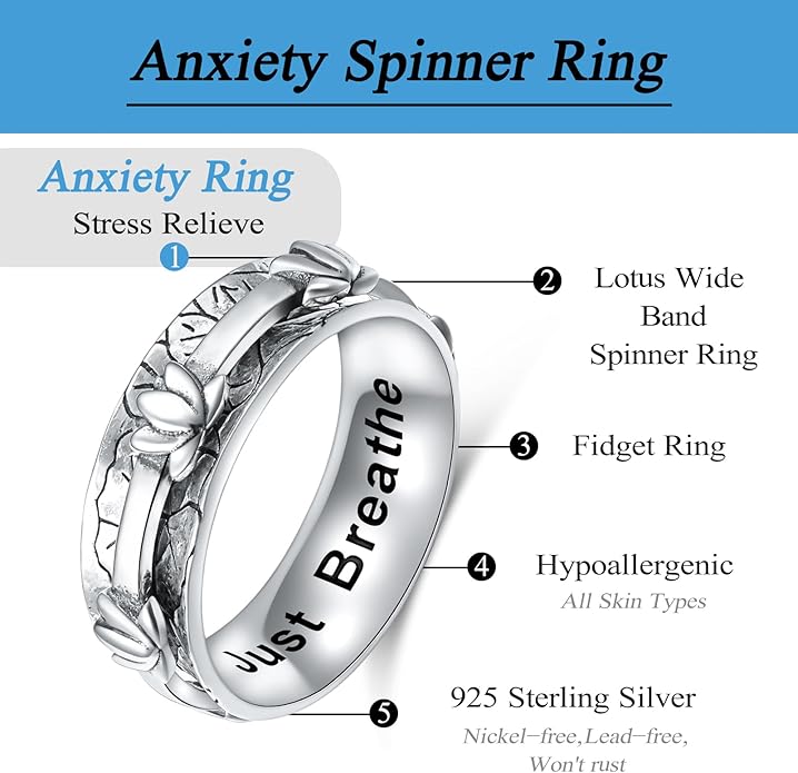 Ladytree Spinner Fidget Anxiety Ring,925 Sterling Silver Stress Relief Worry Ring,Platinum Plated ADHD Autism Jewelry,Birthday Mom Gift for Women