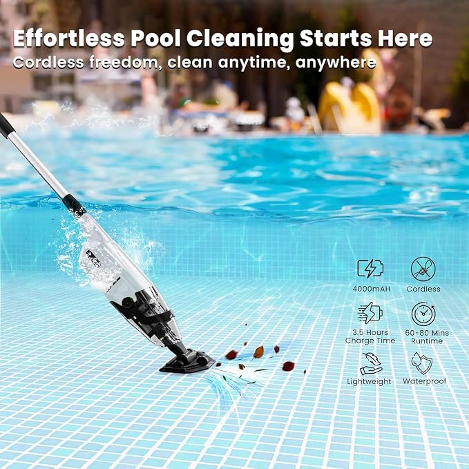 Cordless Pool Vacuum Cleaner for Above Ground Pool & In Ground Rechargeable Pool Vacuum Cleaner - 90 Mins Runtime, with 69" Telescopic Pole, Spa Vacuum for Hot Tub（Misty Grey）