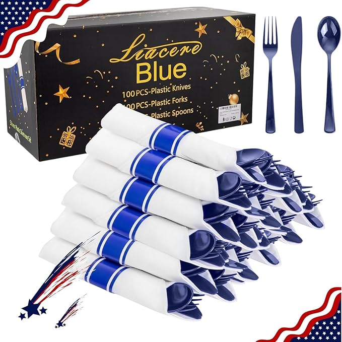Liacere 100Pack Pre Rolled Blue Silverware and Napkin-Disposable Blue Plastic Utensils-Plastic Cutlery Set with Napkin:100 Forks,100 Knives,100 Spoons,100 Napkins for Wedding&Party&Independence Day