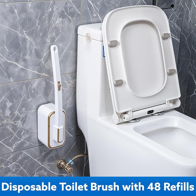 Disposable Toilet Brush with 48 Refills, Bowl Toilet Brush with Wall Mounted Holder, Limescale Remover Cleaning for Hygienic Bathroom Cleaning