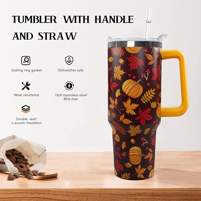 Ceovfoi 40 oz Fall Pumpkin Tumbler Insulated Stainless Tumbler, Autumn Travel Coffee Cup Water Bottle, Thanksgiving