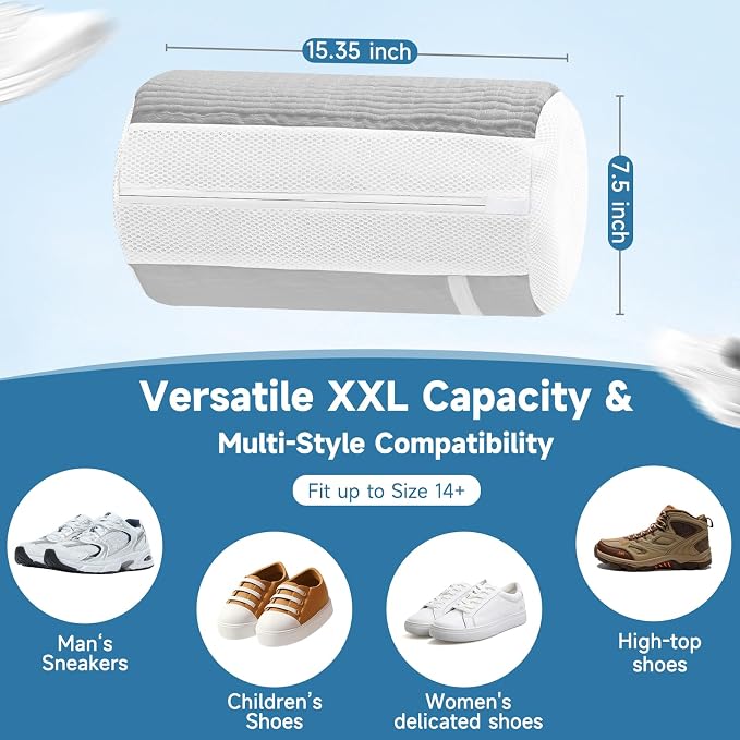 Shoe Bag for Washing Machine and Dryer - 2PCS XXL Reusable Shoe Laundry Bag with Shoe Tree - Chenille Microfiber 360°Deep Cleaning Bag for Sneakers Tennis Delicate Shoes - Gray 15.35 × 7.5 Inches