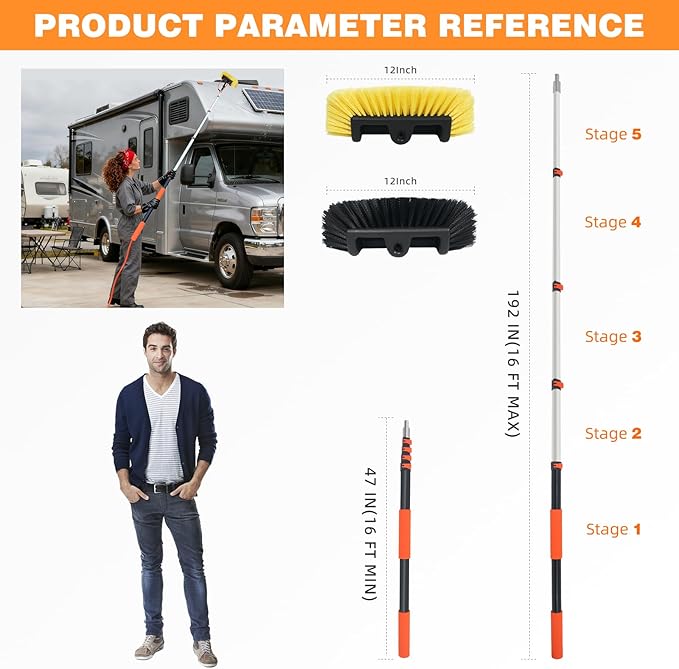 16FT Car Wash Brush with Long Handle Aluminium Telescoping Pole Angle Adapter with 2 Pcs 12" Soft and Hard Bristle Scratch-Free for Cleaning Car Truck RV House Floor Window Roof Solar Panels