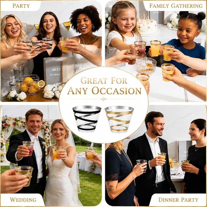 100 Pack 9 OZ Clear Plastic Cups with Gold Rim, Disposable Rimmed Swirl Cocktail Party Cup, Heavy Duty Elegant Wine Glasses, Drinking Tumbler for Weeding Christmas Single Party (Black, Gold)