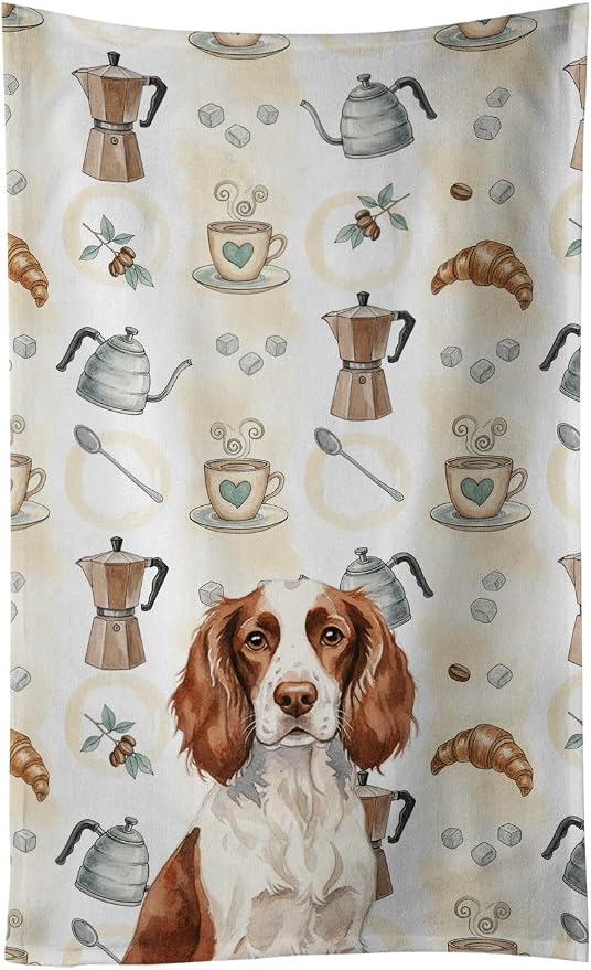 Caroline's Treasures Liver and White English Springer Spaniel Coffee Bar Kitchen Towel Velour Plush Front and Cotton Loop Back Machine Washable
