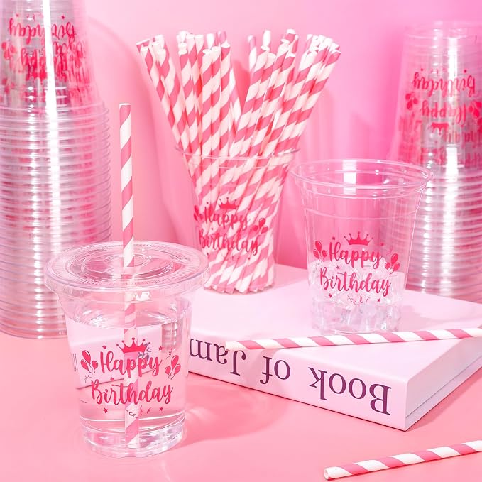 Whaline 50 Pcs 12 Oz Happy Birthday Disposable Plastic Cups with Lids and Straws Hot Pink Cold Beverage Drinking Cups for Home Kitchen Birthday Party Supplies