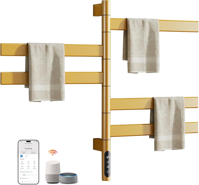 ENZE Smart Rotating Heated Towel Rack for Bathroom, 5-Bar Wall-Mounted Electric Towel Warmer with Swivel Bars, Wi-Fi App Control, 24H Timer, Stainless Steel, IPX5, Hardwired/Plug-in, Gold