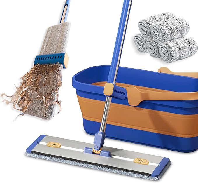 Self Wringing Microfiber Flat Mop and Bucket System with 16.5" Large Head and 55" Long Handle for Floor Wall Cleaning, 5 Microfiber Pads and Foldable Bucket, Wet and Dry