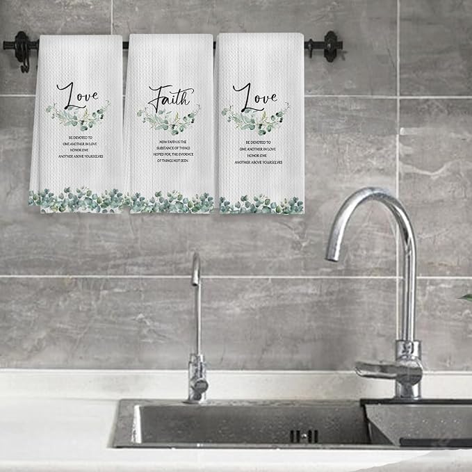 Faith Hope Love Christian Kitchen Towels, Sage Green Eucalyptus Religious Hand Towels for Bathroom Decor, Bible Verse Decor Dish Tea Towels for Kitchen Decor, 16x24 Inch Set of 3