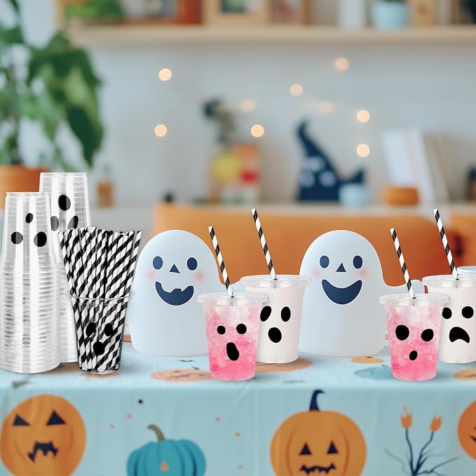 Whaline 60 Pcs 12 Oz Halloween Disposable Plastic Cups with Lids and Straws Black Spooky Ghost Cold Beverage Drinking Cups for Trick or Treat Birthday Party Supplies