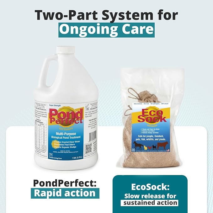 TLC Farm Pond Treatment – PondPerfect Liquid & EcoSock Dual System, Pond Bacteria for Larger Outdoor Ponds – 1 Box Treats Up to 1/4 Acre – 1 Gallon + 1 EcoSock