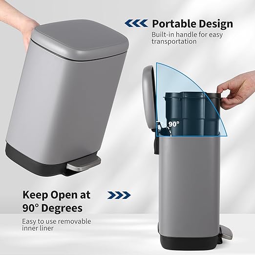 12L Bathroom Trash Can with Lid, Stainless Steel Kitchen Trash Can with Odor-Protective Lid | Hands-Free, with Foot Pedal and Trash Bag Ring, Removable Inner Bin, Suitable for Bathrooms, Gray