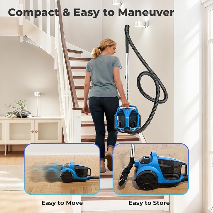 1600W Canister Vacuum Cleaner, Bagless Vacuum Cleaner with 45kPa Strong Suction, 4L Large Dust Cup, Variable Speed Control, 5 Tools, Lightweight Canister Vacuum for Home, Pet, Carpet, Hard Floor, Blue