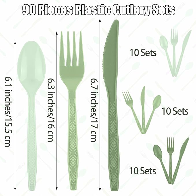 Kochorie 90 Pieces Gradient Sage Green Plastic Cutlery Set Disposable Plastic Utensils Heavy Duty Flatware Set Includes 30 Knives 30 Forks 30 Spoons for Birthday Wedding Baby Shower Party, Picnic