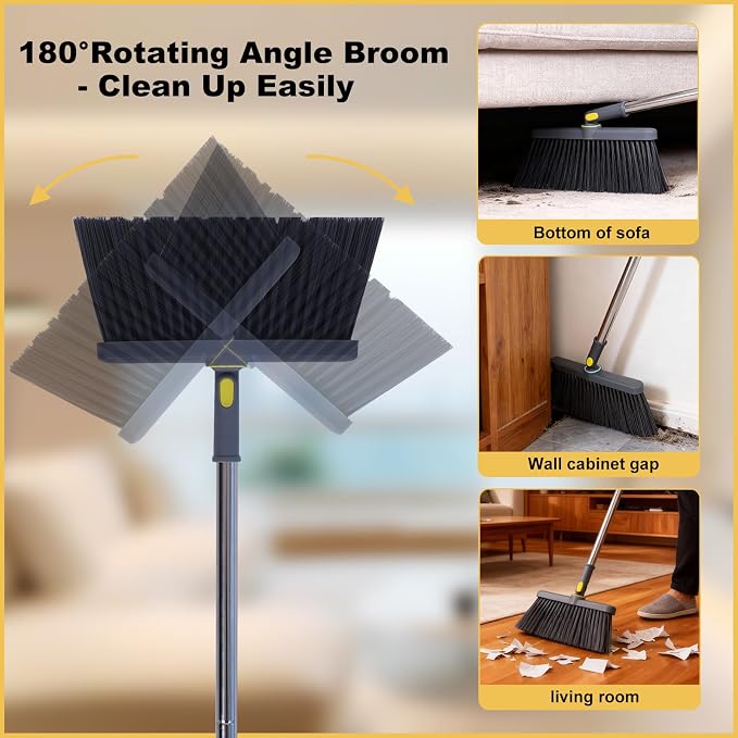 Ultimate Home Cleaning Bundle: Heavy Duty Upright Broom and Dustpan Set with Rotatable Head, 77.5" Extendable Window Squeegee Kit, 3-in-1 Microfiber Scrubber Floor Sweeper for RV, Kitchen, Car