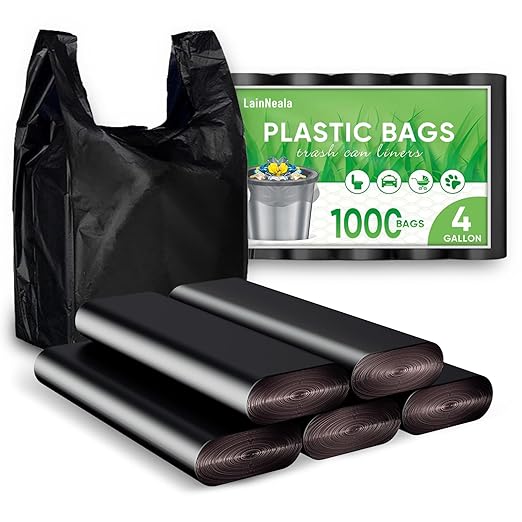 LainNeala Black Plastic Bags (11.5'x 6.5" x 21')(1000Pack) with Handles - Shopping & Grocery Bags for Small Business, Restaurants in Bulk