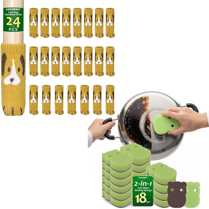 42 PCS Home Essential Bundle: 24 Cute Dog Chair Socks Furniture Pads for Hardwood Floor Protection & 18 Animal Sanding Sponges for Kitchen Scouring and DIY, Anti-Slip Silent Furniture Booties