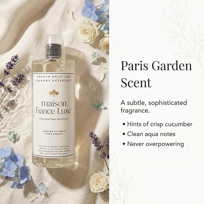 French Laundry Detergent, Plant Based Laundry Soap With Olive Oil and Coconut Oil for Machine or Hand Wash, Daily Use Formula for Colors and Whites, Paris Garden, 34 Fl Oz