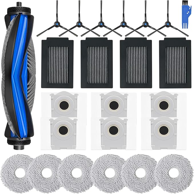 24PCS Replacement Parts for Ecovacs Deebot T50 Max Pro Omni Robot Vacuum Accessories Set, 1 Main Brushes,4 HEPA Filters,6 Mop Pads,6 Dust Bags,6 Side Brushes