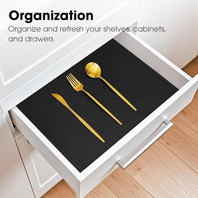 Drawer and Shelf Liner, Non-Slip Kitchen Cabinet Liners Non-Adhesive Thick Strong Grip Waterproof Washable Mats Protect Dresser Shelves Cupboard Bathroom Cabinets, Black, 18 in X 20 FT