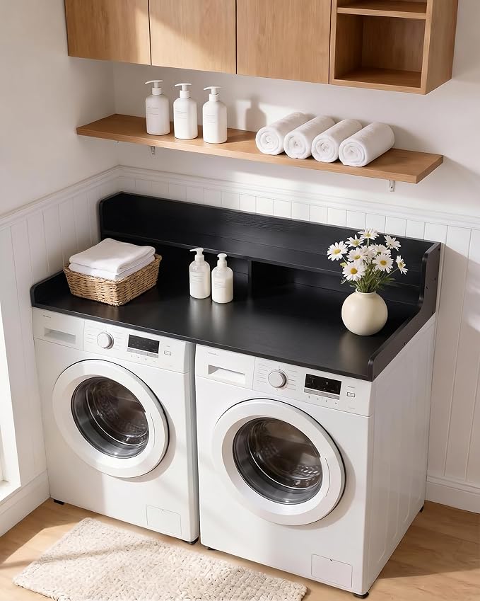 Takywep 2 Tiers Washer Dryer Countertop, 54" x 27.5" Washer Dryer Topper with Edge, Washer and Dryer Laundry Topper with Anti-Slip Pads & Anti-Vibration Mat, Black