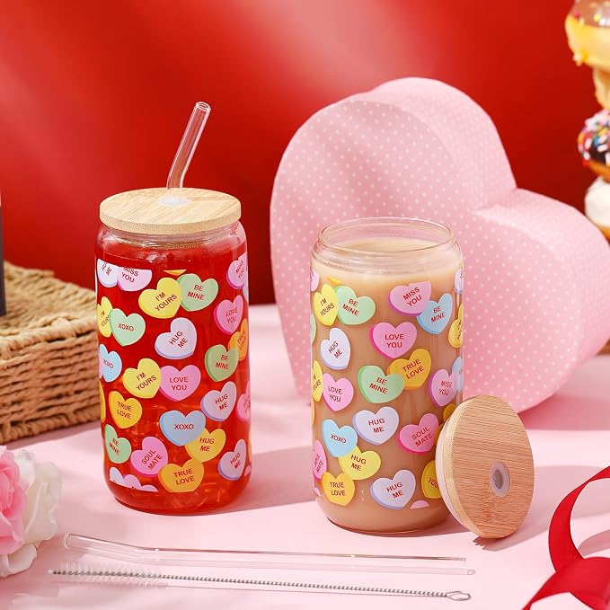 Sliner 2 Pcs Valentine's Day Cups Conversation Heart Glass Tumbler with Lid Straw Gifts 16 oz Iced Coffee Cup Drinking Glasses Holiday Cute Beer Can Tumbler for Home Office Decorations