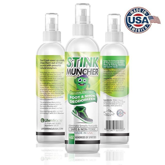 Stink Muncher Natural Enzyme Shoe Deodorizer Spray, Foot Odor Eater, Eliminator & Freshener | Wipe Out the Cause Of Smells At Their Source | Made In the USA