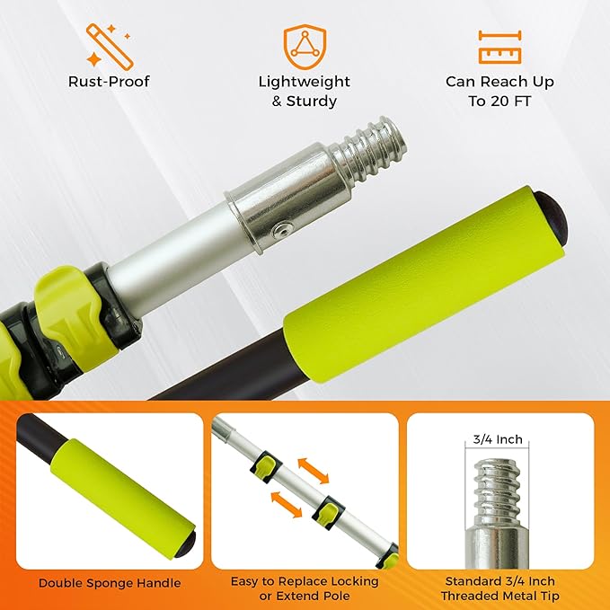 3-12ft Telescopic Extension Pole,Multi-Purpose Extension Pole with 180° Universal Thread Head, Black Oxide Aluminum Extendable Pole with Flip-Lock, for Painting,Dusting,Window Cleaning