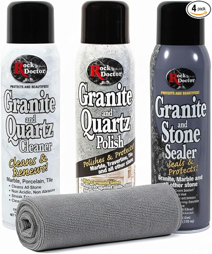 Rock Doctor Granite & Quartz Cleaner Care Kit With Microfiber Cloth, 4 Piece Maintenance Stone Care Combo Kit – Cleans & Renews Marble, Travertine, Tile, and All Other Stone, Fresh