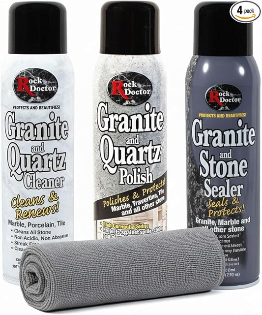 Rock Doctor Granite & Quartz Cleaner Care Kit With Microfiber Cloth, 4 Piece Maintenance Stone Care Combo Kit – Cleans & Renews Marble, Travertine, Tile, and All Other Stone, Fresh
