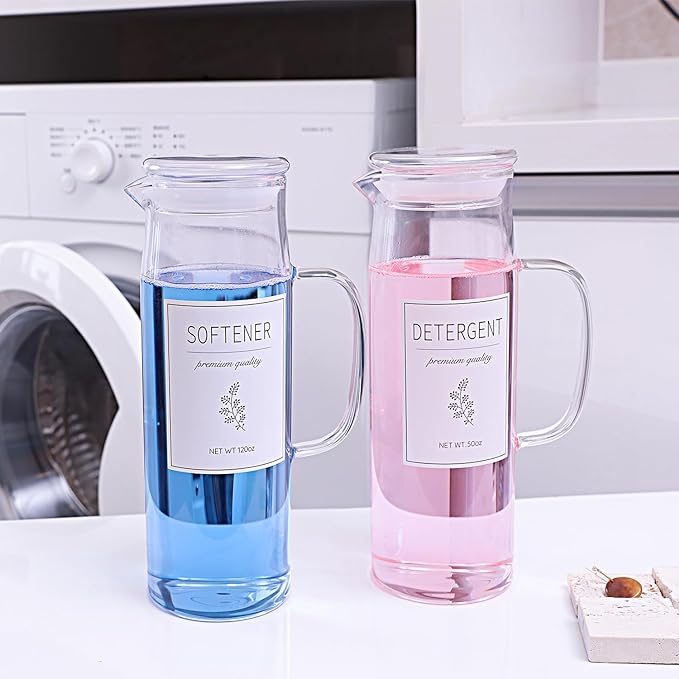 Laundry Detergent Dispenser Set with Labels and Handle for Laundry Room Organization and Storage- Easy Pour 2 Pack 50 oz Liquid Laundry Containers for Laundry Room Decor, Farmhouse Decor