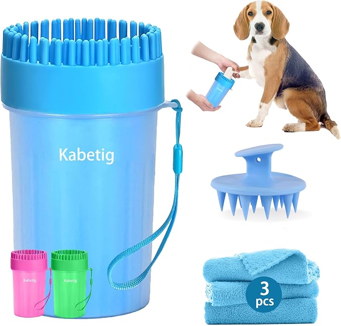 Paw Cleaner for Small/Medium Dogs - Grabs Loose Fur with Top Brush | Clean muddy paws fast. Attached top brush grabs loose fur. No extra tools. Comes with bath brush & 3 towels. Less fur. Blue