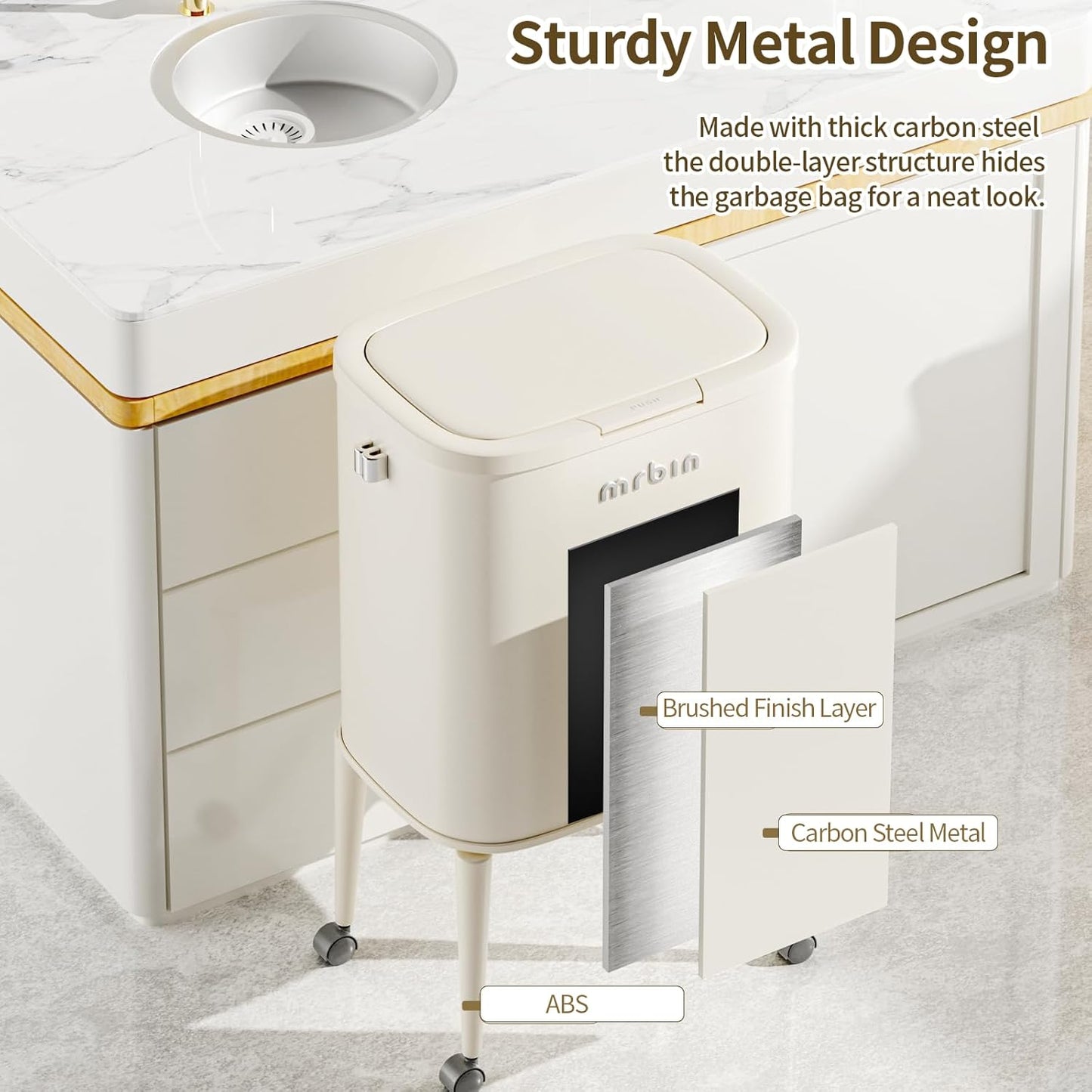 MRBIN Metal Kitchen Trash Can with Wheel Legs, 36L / 9.5gal Medium Press Lid Slim Removable Waste Basket, Pet Proof Tall Narrow Garbage Pail for Vanity, Bedroom, Bathroom, Living Room, White Rose