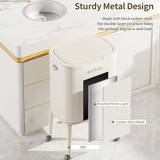 MRBIN Metal Kitchen Trash Can with Wheel Legs, 36L / 9.5gal Medium Press Lid Slim Removable Waste Basket, Pet Proof Tall Narrow Garbage Pail for Vanity, Bedroom, Bathroom, Living Room, Wheatfield