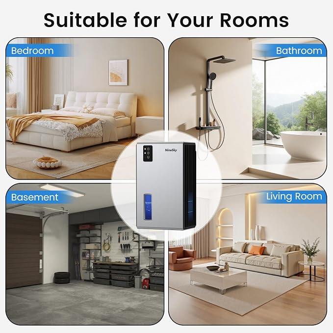 NineSky Dehumidifiers for Home, 1000 Sq.Ft Dehumidifier with 95oz Water Tank, Quiet Dehumidifier for Basement Bathroom Bedroom with 7-Color Ambient Light & Auto Shut Off, Sliver
