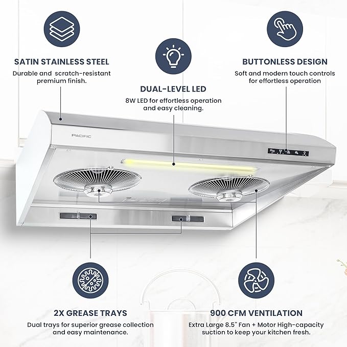 Pacific Range Hood, 900 CFM, 30 Inches, Stainless Steel, Auto Heat Cleaning, 3-way ducting options, PW2300HAS
