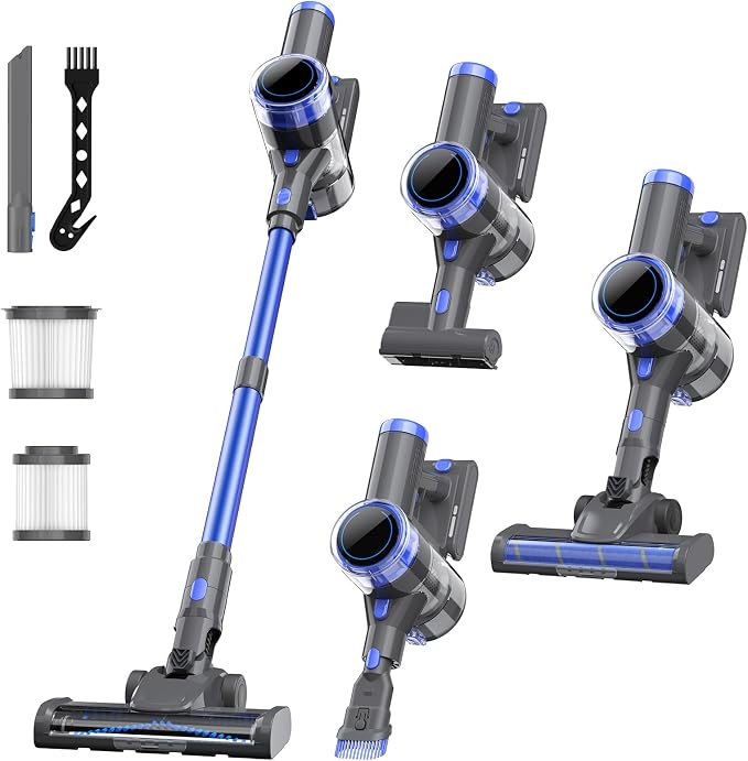 Cordless Vacuum Cleaner, 10 in 1 Powerful Suction Lightweight Vacuum Cleaner for Home, 45Mins Detachable Battery with LED Display Self-Standing Stick Vacuum for HardFloor/Carpet/Pet Hair