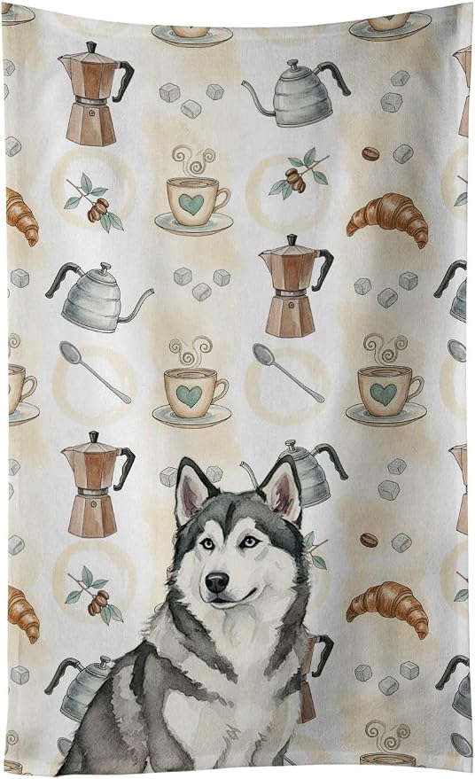 Caroline's Treasures Gray and White Alaskan Malamute Coffee Bar Kitchen Towel Velour Plush Front and Cotton Loop Back Machine Washable