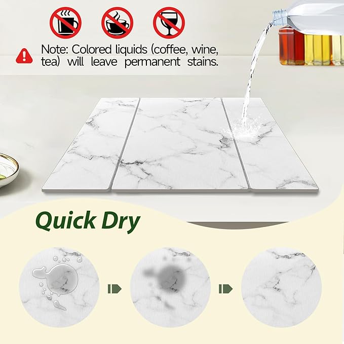 Large Stone Drying Mat for Kitchen Counter, 24"x16" Collapsible Quick Dry Dish Drying Mat, Water-Absorbent Marble Diatomaceous Earth Mats for Bottles Cups Dishes, Match Any Countertop