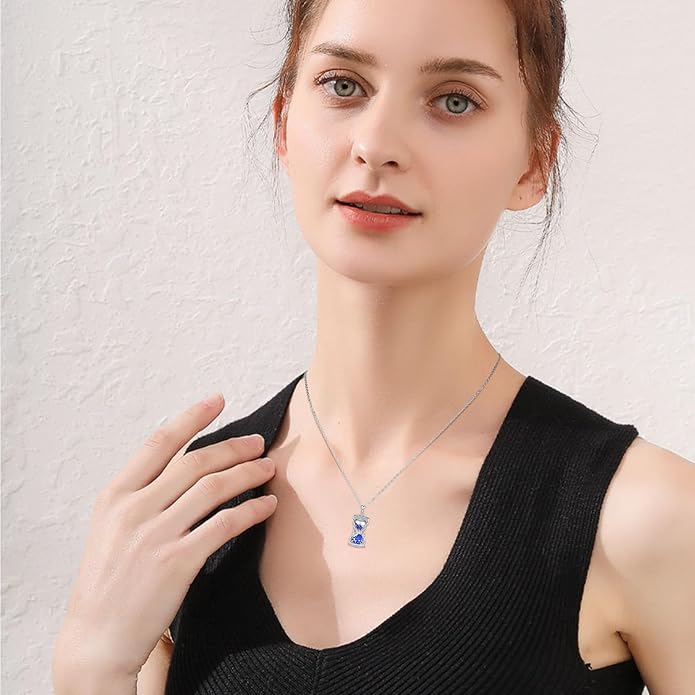 Hourglass Necklace 925 Sterling Silver Sun Moon Star Time Hourglass Pendant Necklaces Blue Memorial Jewelry for Women With 18+2 In Chain