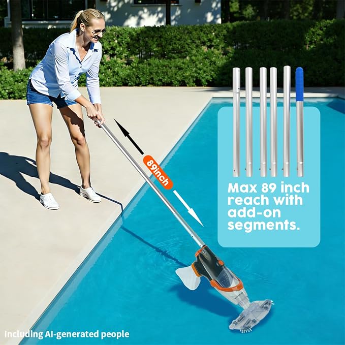 Handheld Pool Vacuum Cleaner, Rechargeable Pool Bottom Cleaner with Strong Suction, 1 H Runtime, 89 inchs Extension Pole,for Above Ground/Inground Pools, Spas and Hot Tubs, Orange and White